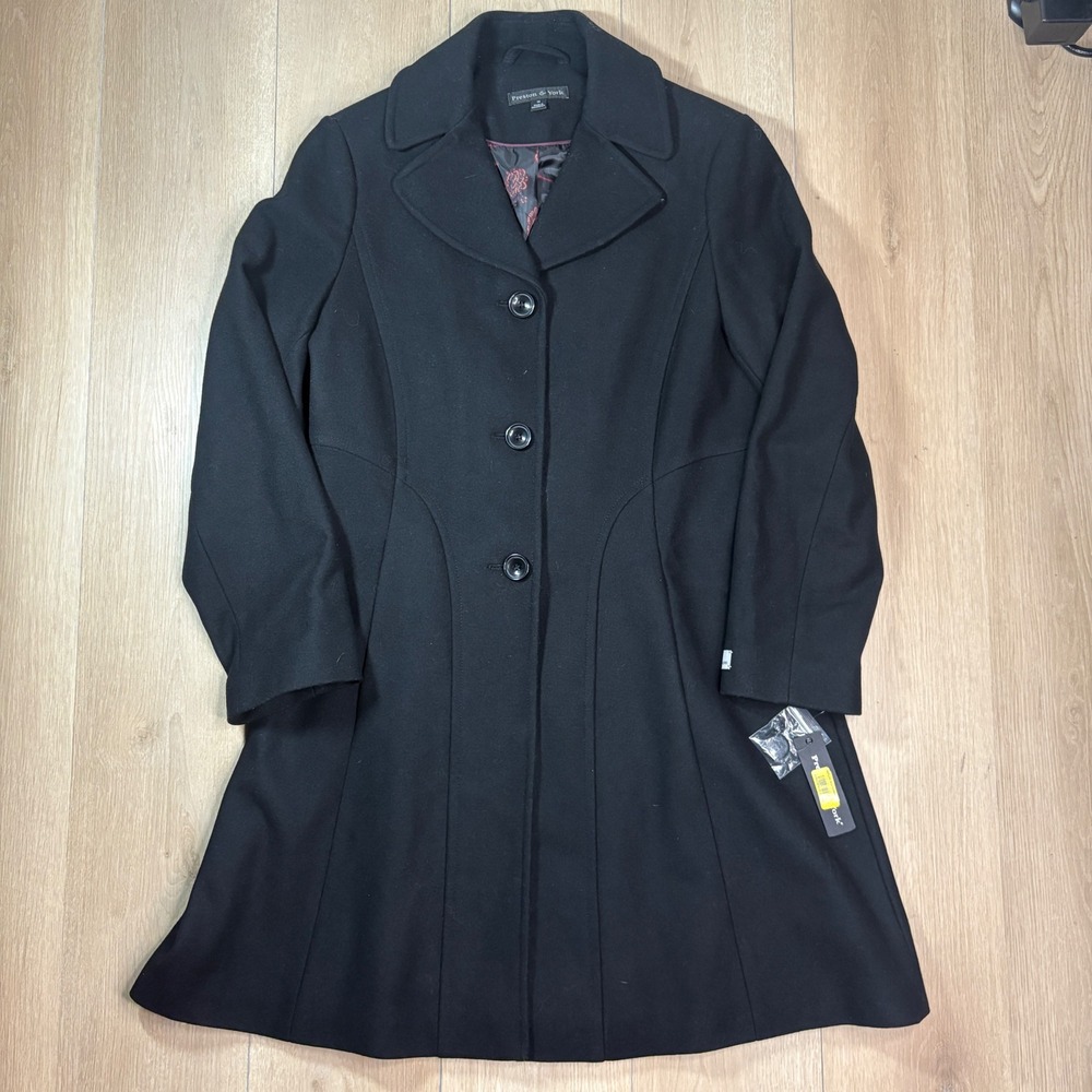 Preston & York Women's Black Merino Wool Blend Flared Overcoat Size 14 NWT $189